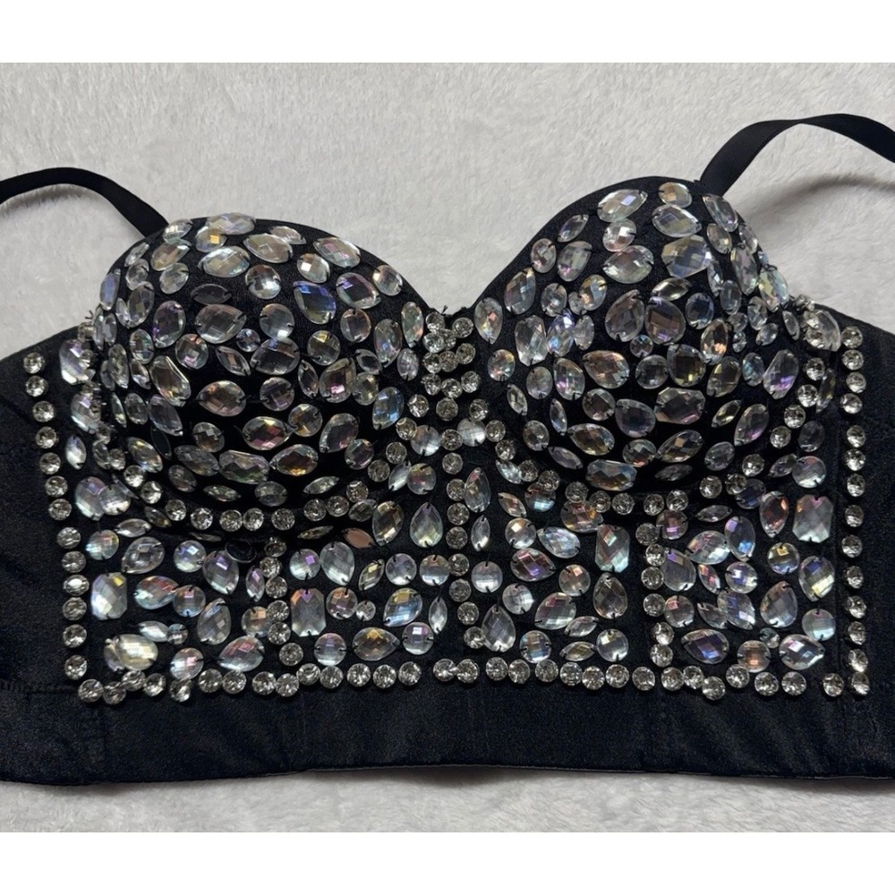 Lydia USA Black Rhinestone Bustier Crop Top Gem Encrusted Festival Bodice Small